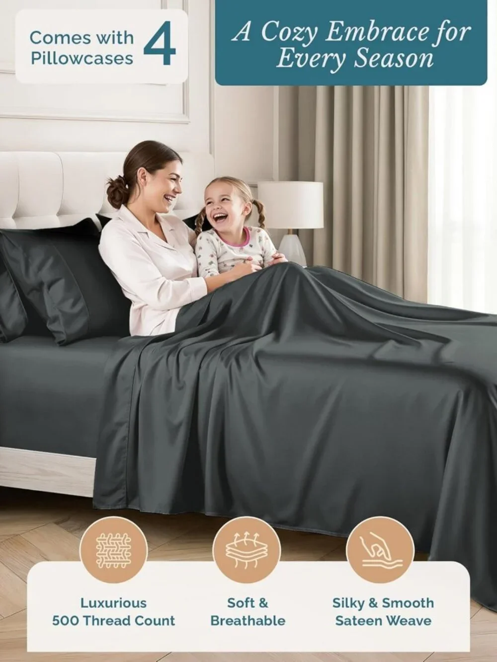 Silky Sateen Queen Size Sheet Set, 500 Thread Count, Deep Pocket, Soft & Cozy